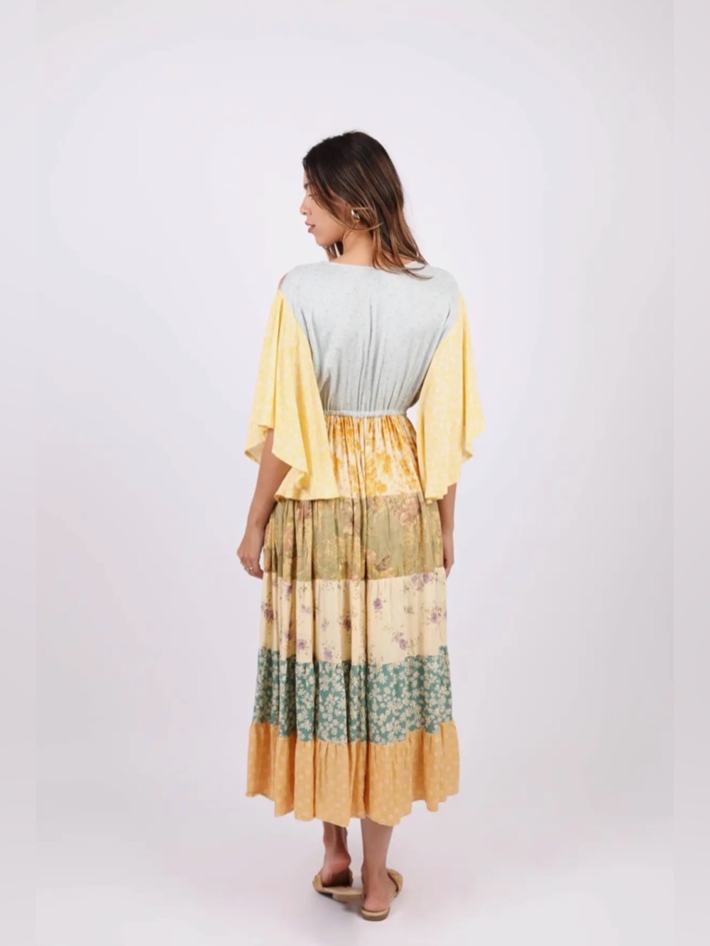 Sacred Threads Flutter Sleeve Boho Yellow, Blue & Green Floral Tiered Maxi Dress - Picture 3 of 4